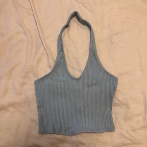 sky blue ribbed halter crop tank